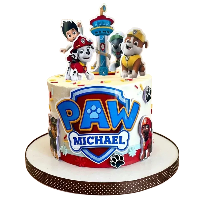 PAW Patrol kids birthday cake with Marshall, Chase, Rubble and Ryder figures topper and paw logo