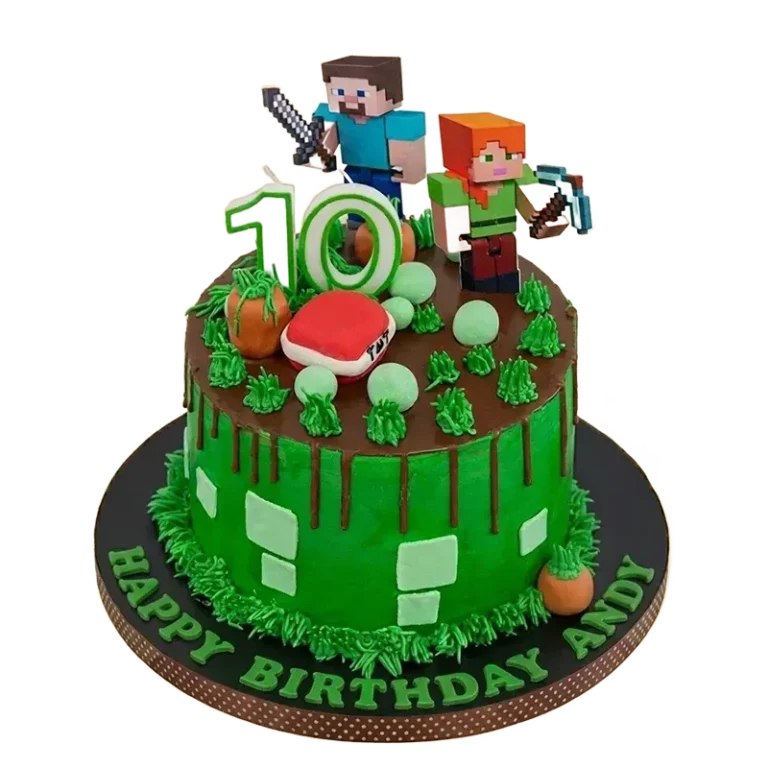 Green Minecraft 10th birthday cake with Steve and Alex figures, trees, mushroom, and pumpkins