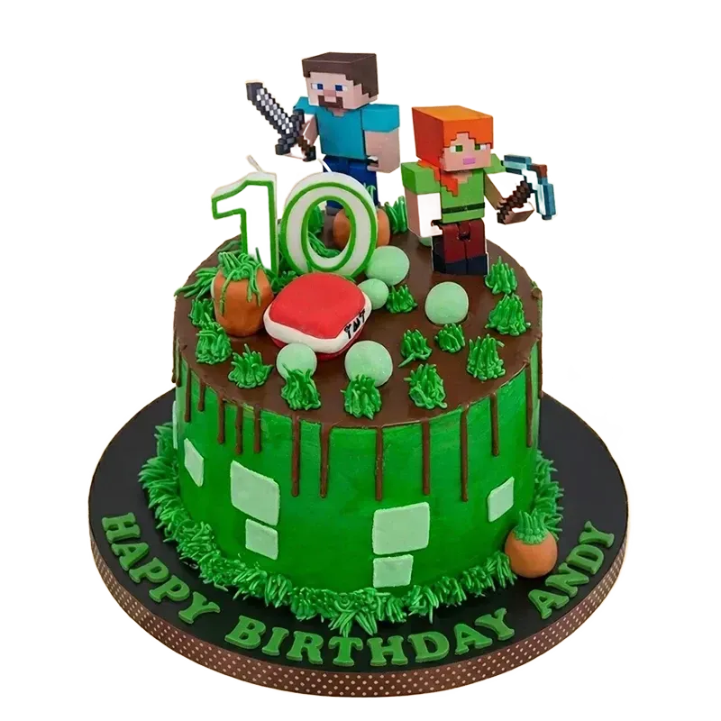 Green Minecraft 10th birthday cake with Steve and Alex figures, trees, mushroom, and pumpkins
