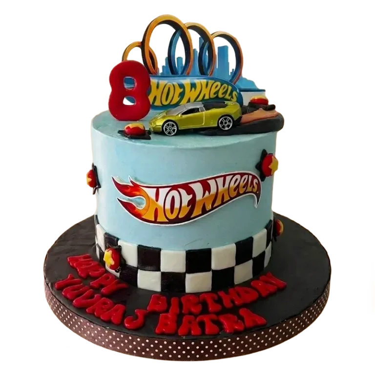 Blue Hot Wheels kids birthday cake with race car, loop tracks, checkered border, and number eight
