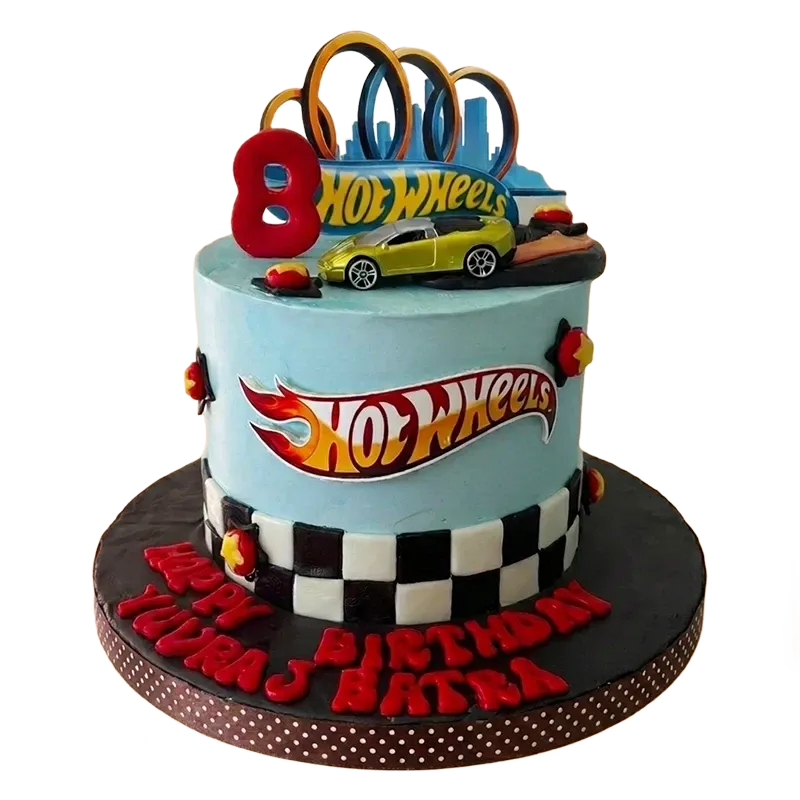 Blue Hot Wheels kids birthday cake with race car, loop tracks, checkered border, and number eight
