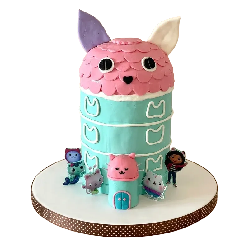 Gabby's Dollhouse birthday cake shaped as pink and teal cat house with character figures
