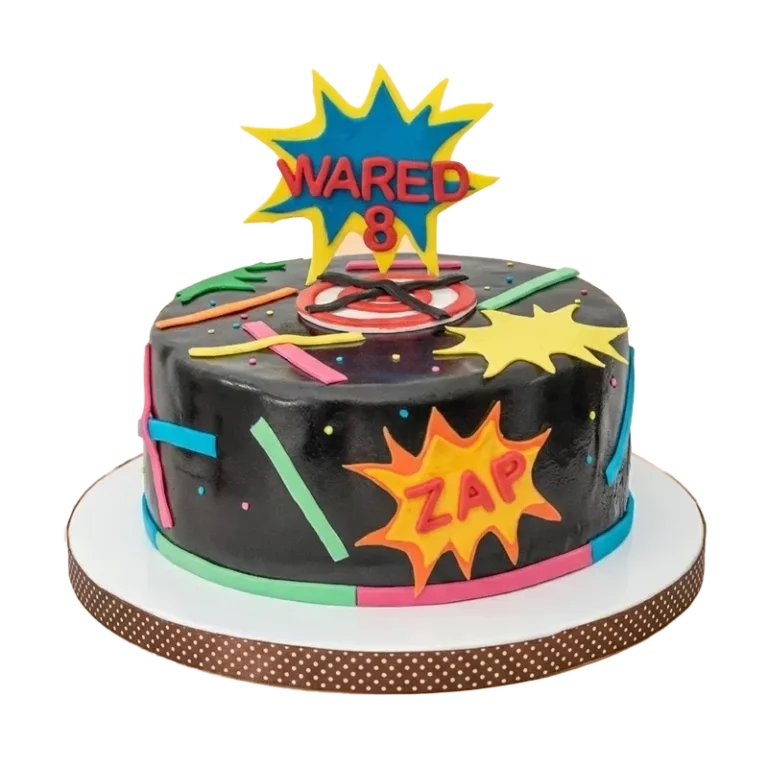 Black laser tag kids birthday cake with neon ZAP bursts, colourful laser beams, and name topper