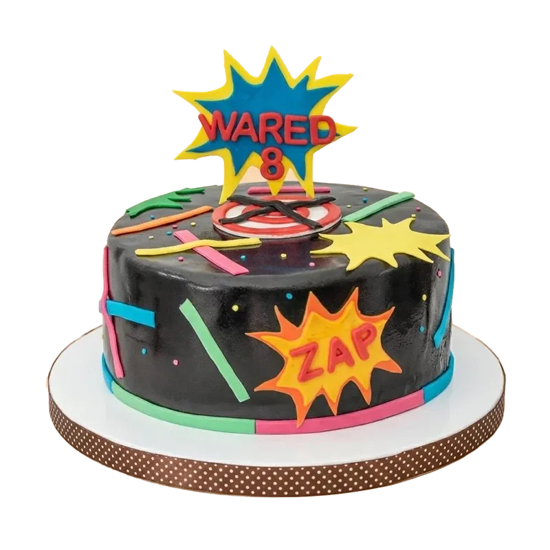 Black laser tag kids birthday cake with neon ZAP bursts, colourful laser beams, and name topper
