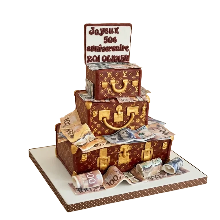 Three-tier 50th birthday cake shaped as stacked Louis Vuitton luggage with scattered banknotes
