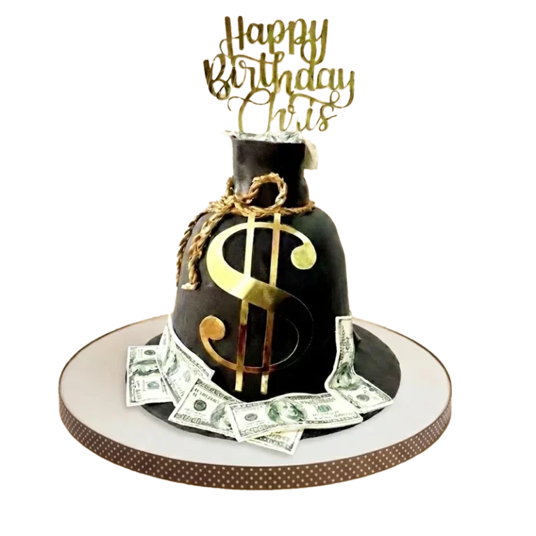 Birthday cake shaped as a money bag with gold dollar sign and scattered US dollar bills