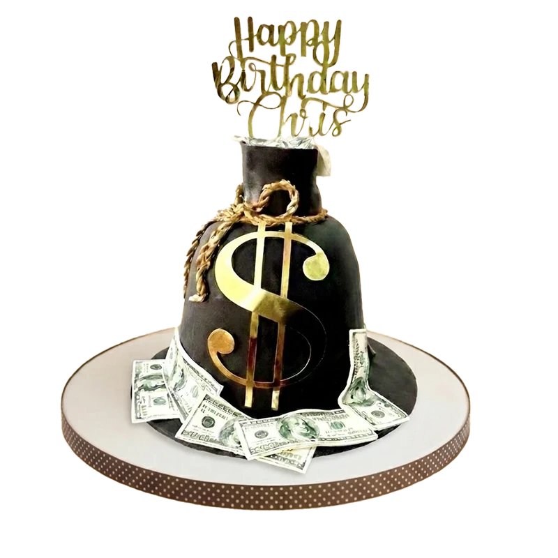 Birthday cake shaped as a money bag with gold dollar sign and scattered US dollar bills