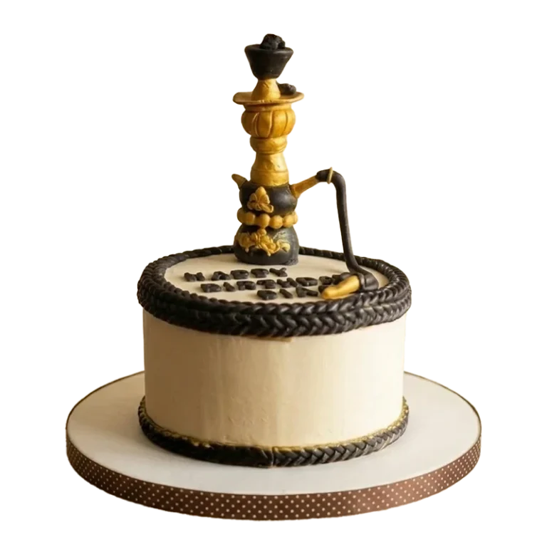 Beige birthday cake with golden shisha hookah figure topper, black rope border, and coffee beans