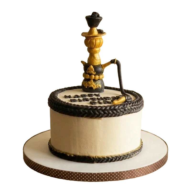 Beige birthday cake with golden shisha hookah figure topper, black rope border, and coffee beans