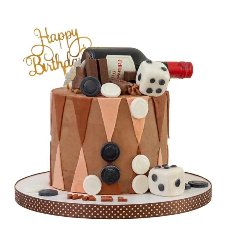 Backgammon-themed birthday cake with game board pattern, dice, playing pieces, and wine bottle