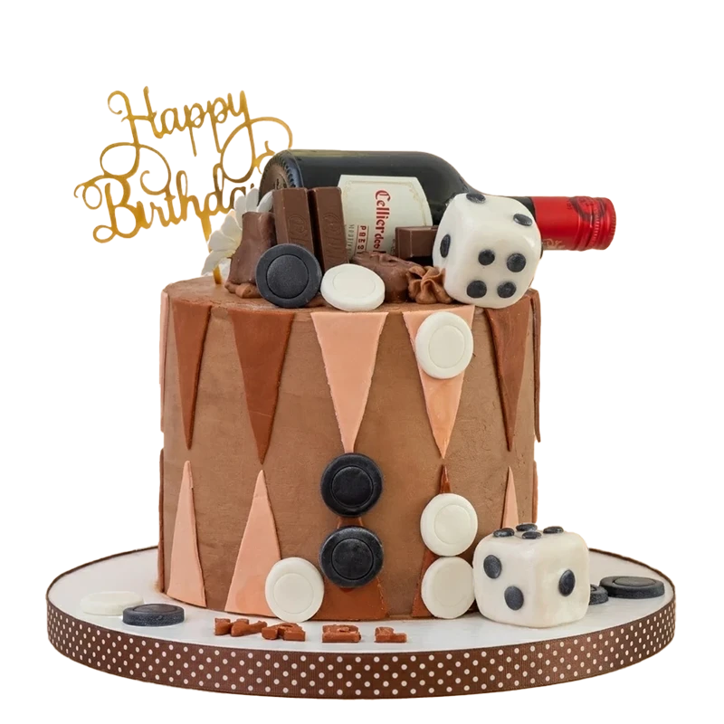 Backgammon-themed birthday cake with game board pattern, dice, playing pieces, and wine bottle