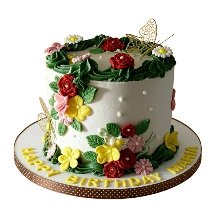 White birthday cake with lush red roses, yellow and pink flowers, and gold butterfly accents