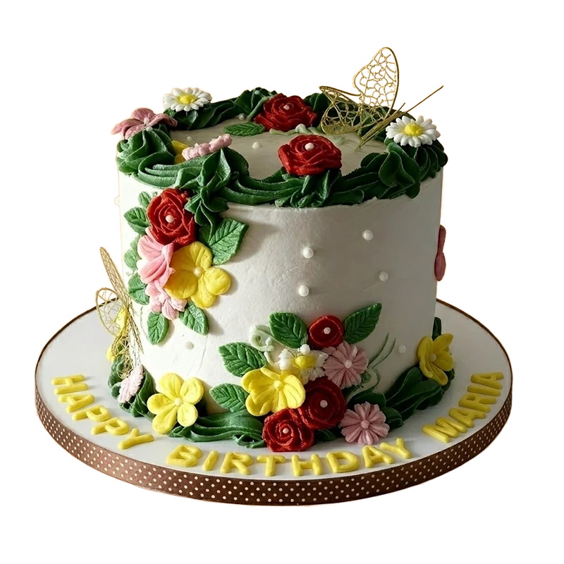 White birthday cake with lush red roses, yellow and pink flowers, and gold butterfly accents