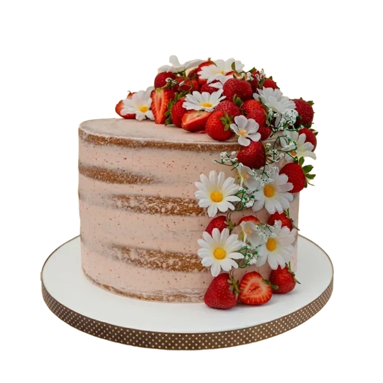 Pink semi-naked birthday cake with fresh strawberries and cascading white daisy flowers
