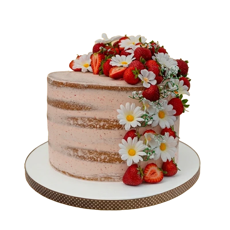Pink semi-naked birthday cake with fresh strawberries and cascading white daisy flowers