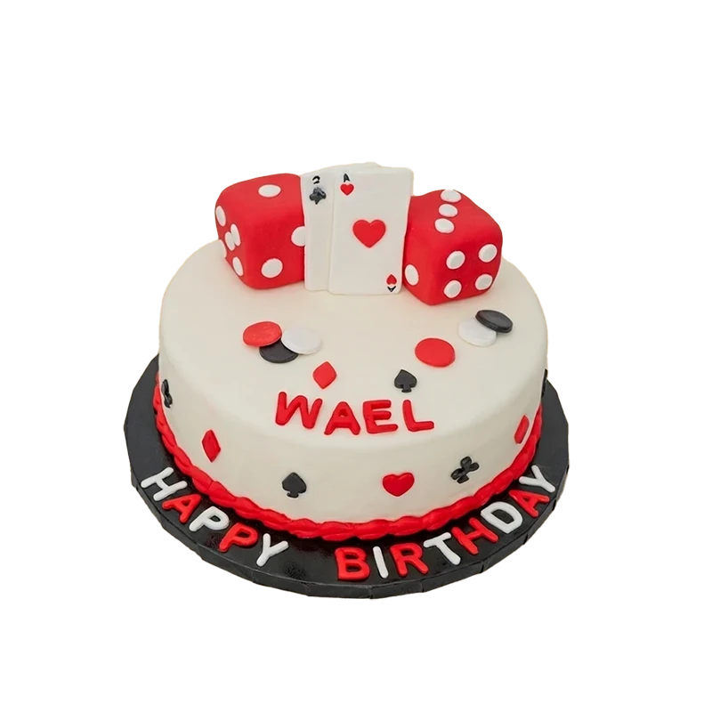 Casino-themed birthday cake with red dice, playing cards, poker chips, and card suit symbols