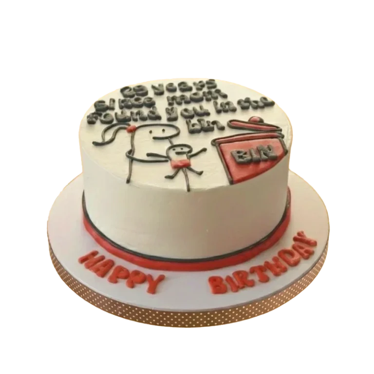 Humorous birthday cake with Flork stick figure meme drawing and funny inscription