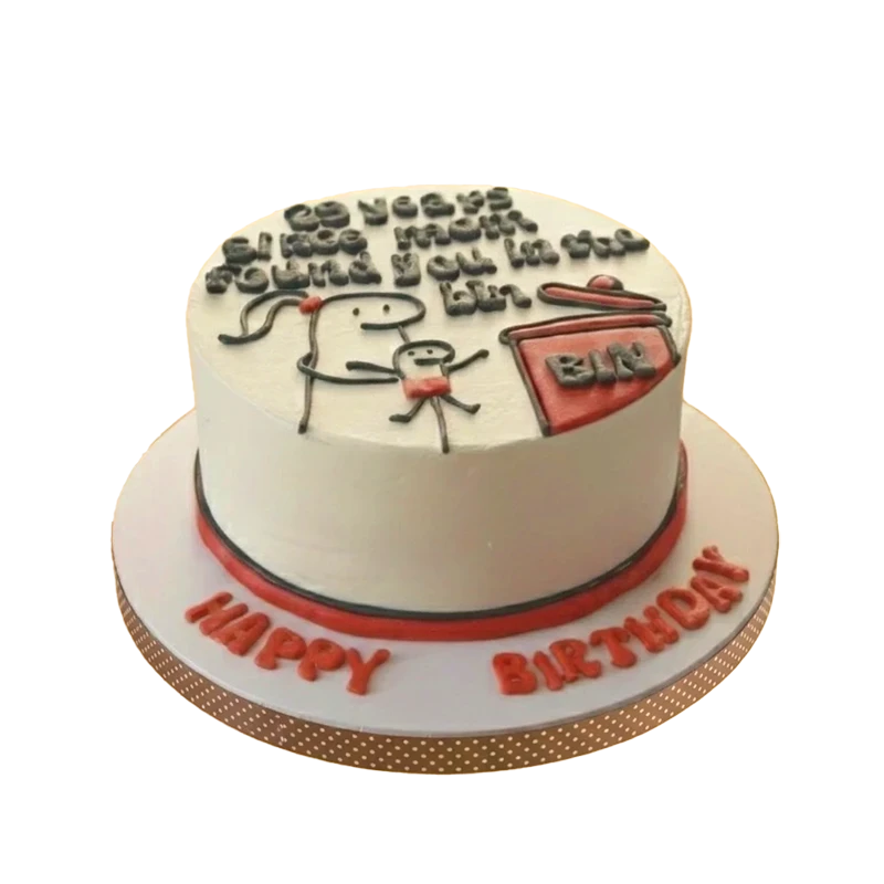 Humorous birthday cake with Flork stick figure meme drawing and funny inscription