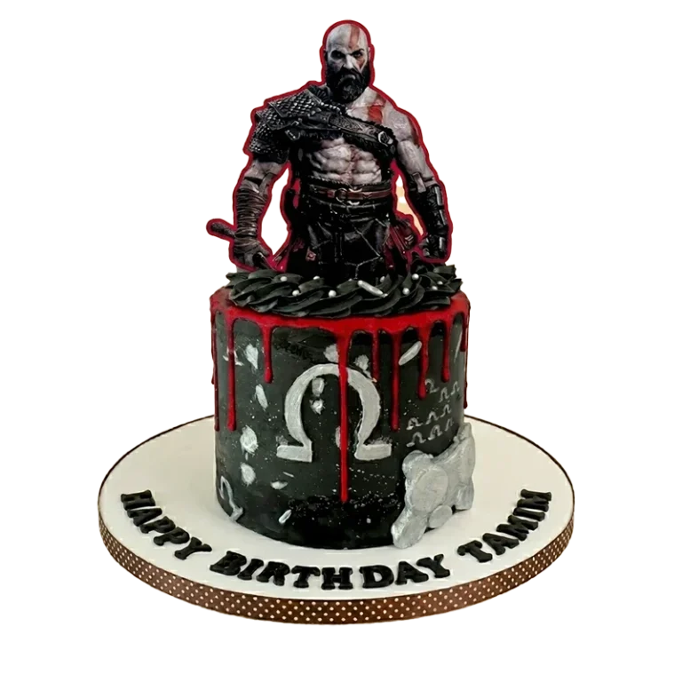 God of War birthday cake with Kratos figure, red drip, Omega symbol, and birthday inscription
