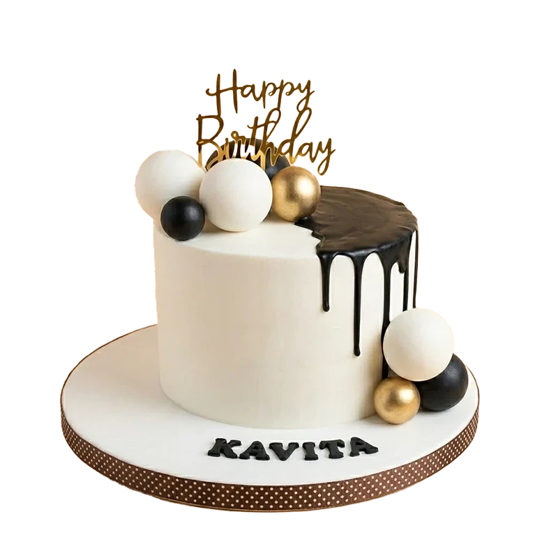 Elegant birthday cake with chocolate drip, gold and white sphere clusters, and gold topper