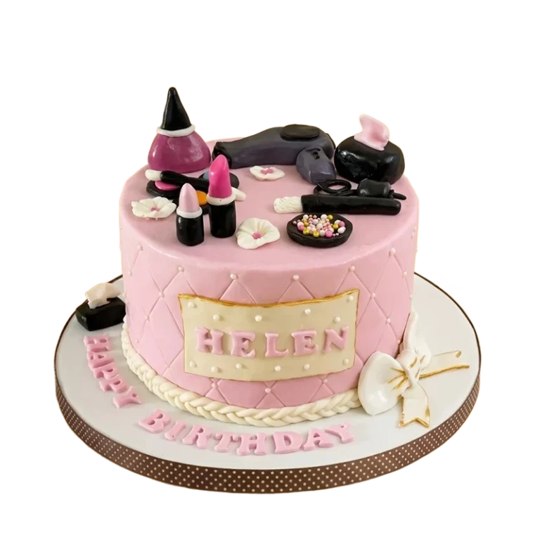 Pink quilted birthday cake topped with makeup items, lipstick, perfume, and white bow