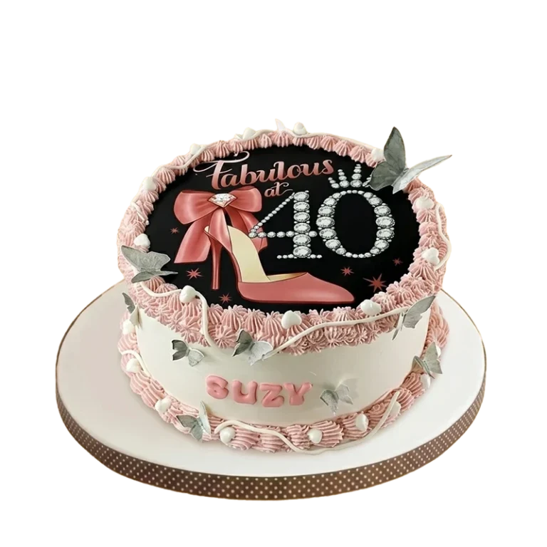 Two-tier 40th birthday cake with Fabulous at 40 design, high heel, pink rosettes, and silver butterflies