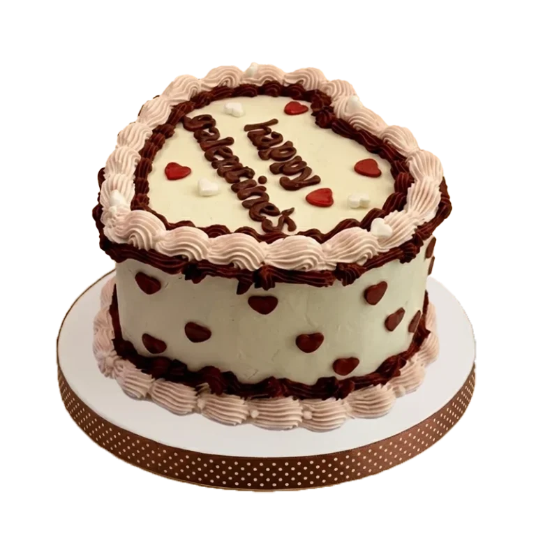 Vintage Valentine's Day cake with cream and chocolate piping, red hearts, and Happy Valentine's inscription