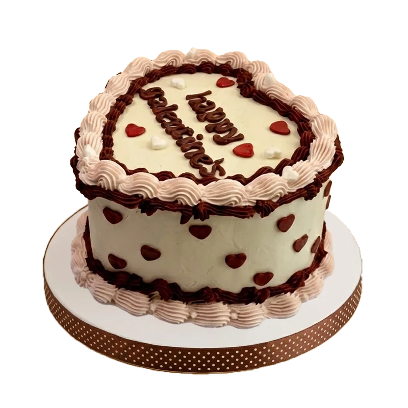 Vintage Valentine's Day cake with cream and chocolate piping, red hearts, and Happy Valentine's inscription