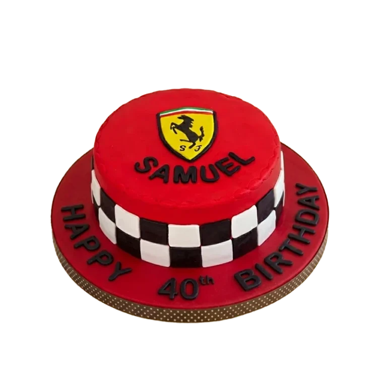 Red Ferrari birthday cake with checkered race border, Ferrari logo, and 40th birthday inscription