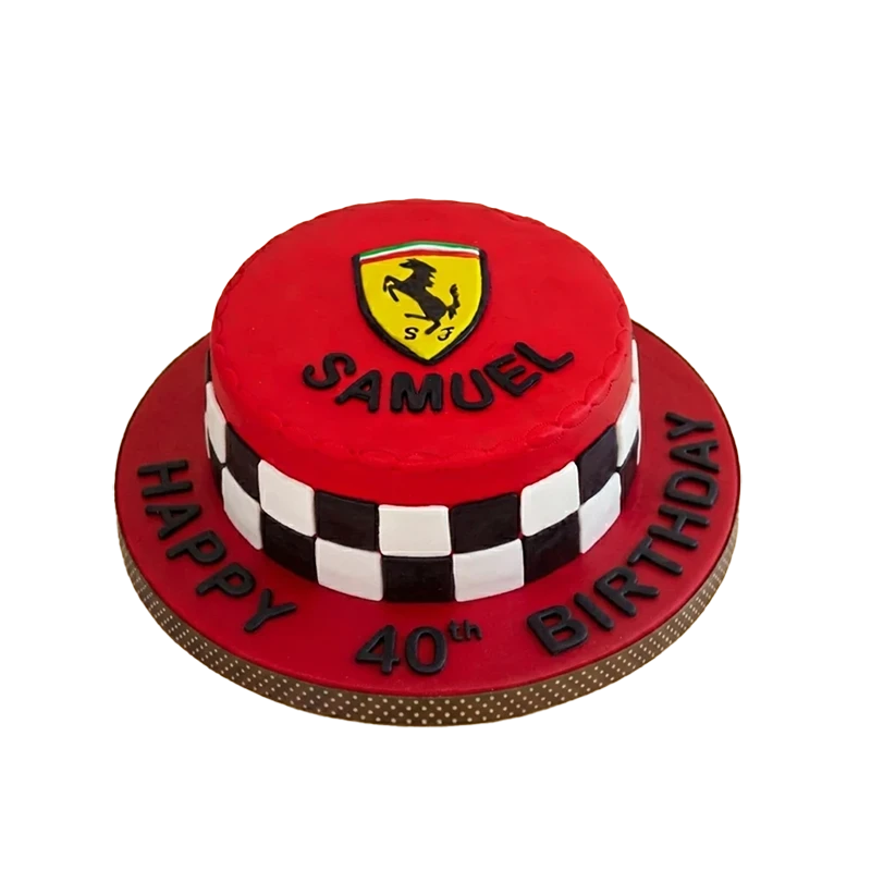 Red Ferrari birthday cake with checkered race border, Ferrari logo, and 40th birthday inscription