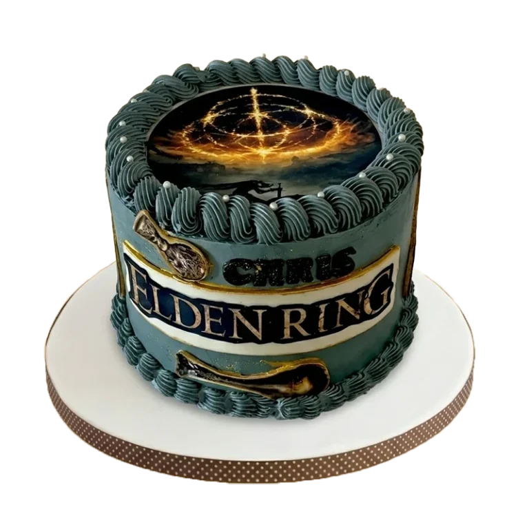 Dark teal Elden Ring gaming birthday cake with Erdtree topper, gold swords, and rope border