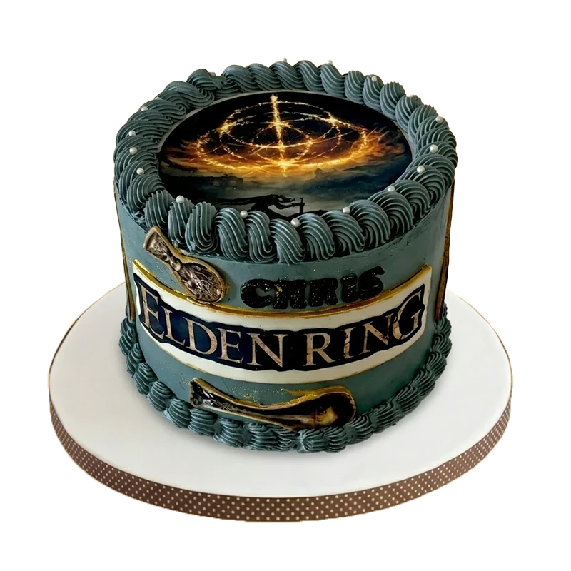 Dark teal Elden Ring gaming birthday cake with Erdtree topper, gold swords, and rope border