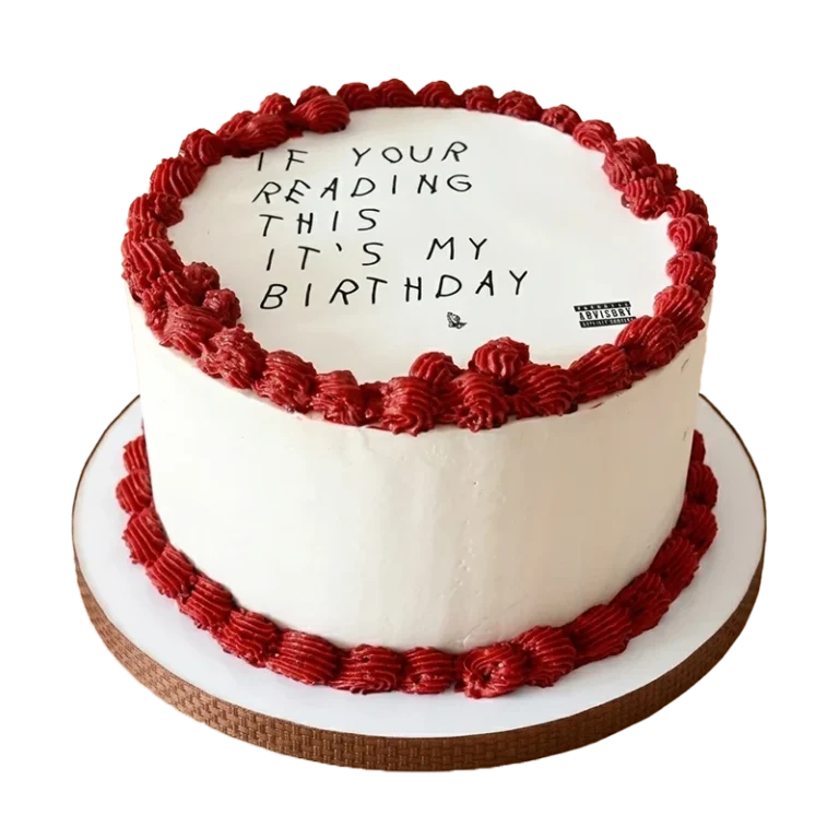 White birthday cake with red rosette border and If You're Reading This It's My Birthday inscription