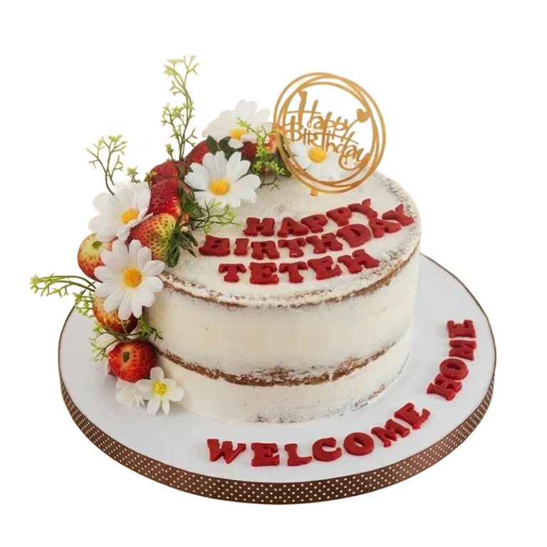 Rustic semi-naked birthday cake with strawberries, daisies, and Welcome Home inscription