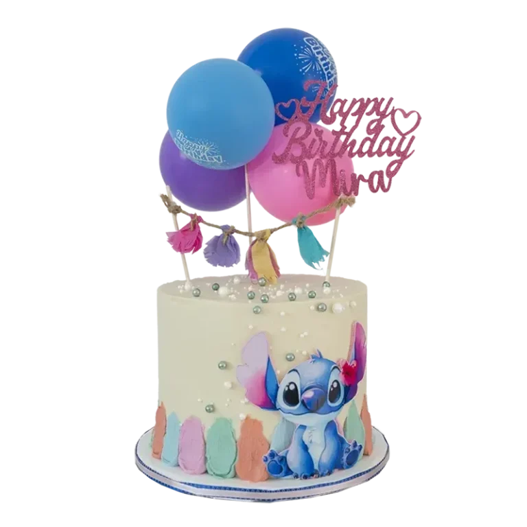 Stitch themed birthday cake with Stitch figure, colorful balloon cluster, and tassel garland