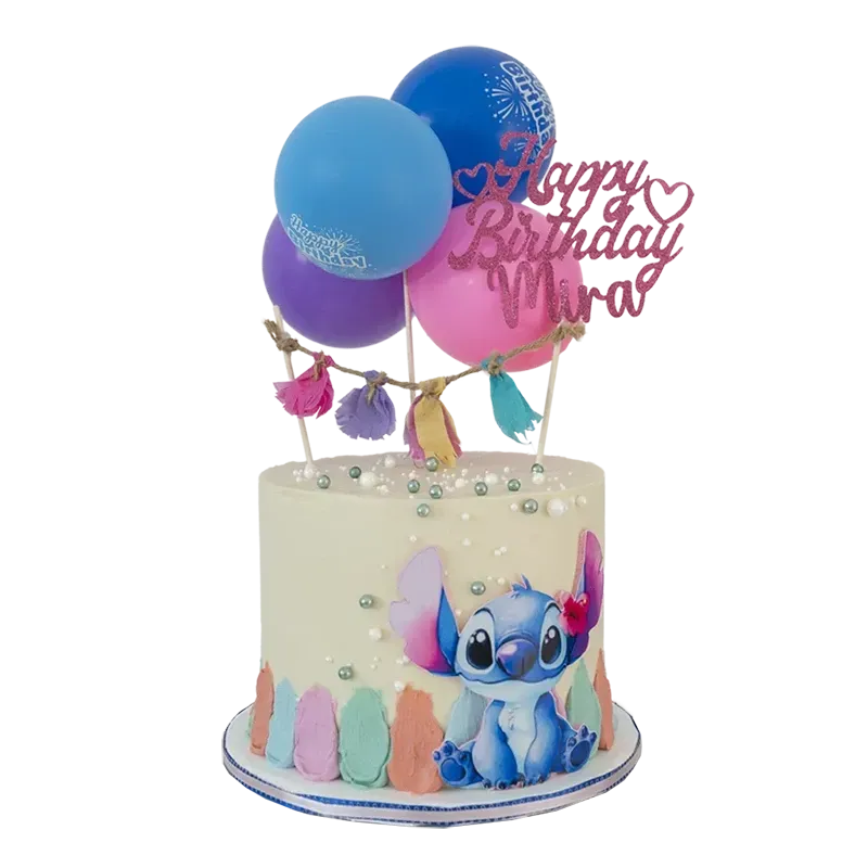 Stitch themed birthday cake with Stitch figure, colorful balloon cluster, and tassel garland