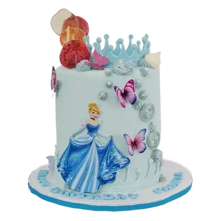 Light blue Cinderella birthday cake with princess figure, pink butterflies, and silver crown
