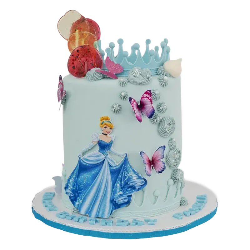 Light blue Cinderella birthday cake with princess figure, pink butterflies, and silver crown