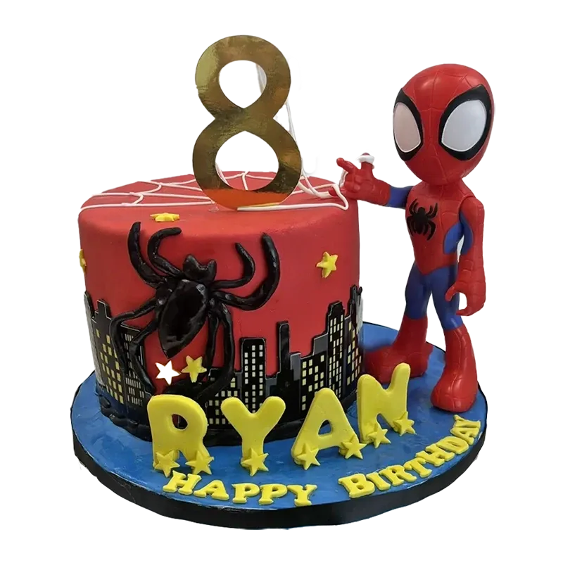 Red Spiderman kids birthday cake with Spiderman figure, city skyline, and gold number eight