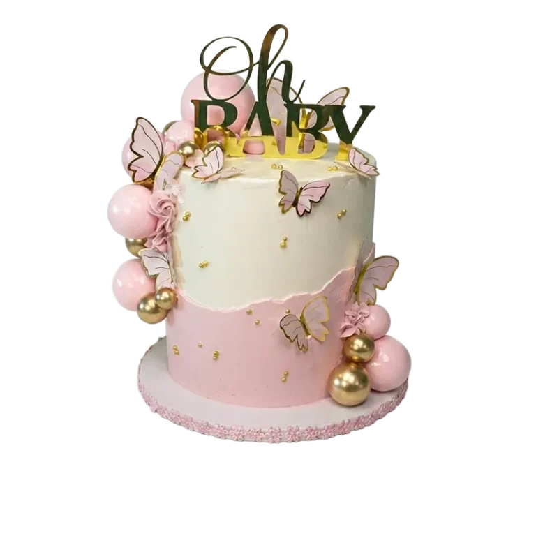 Two-tier pink baby shower cake with butterflies, pink and gold balloon clusters, and Oh Baby topper