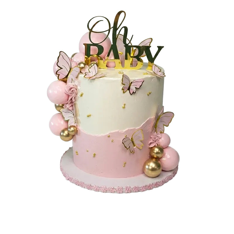 Two-tier pink baby shower cake with butterflies, pink and gold balloon clusters, and Oh Baby topper