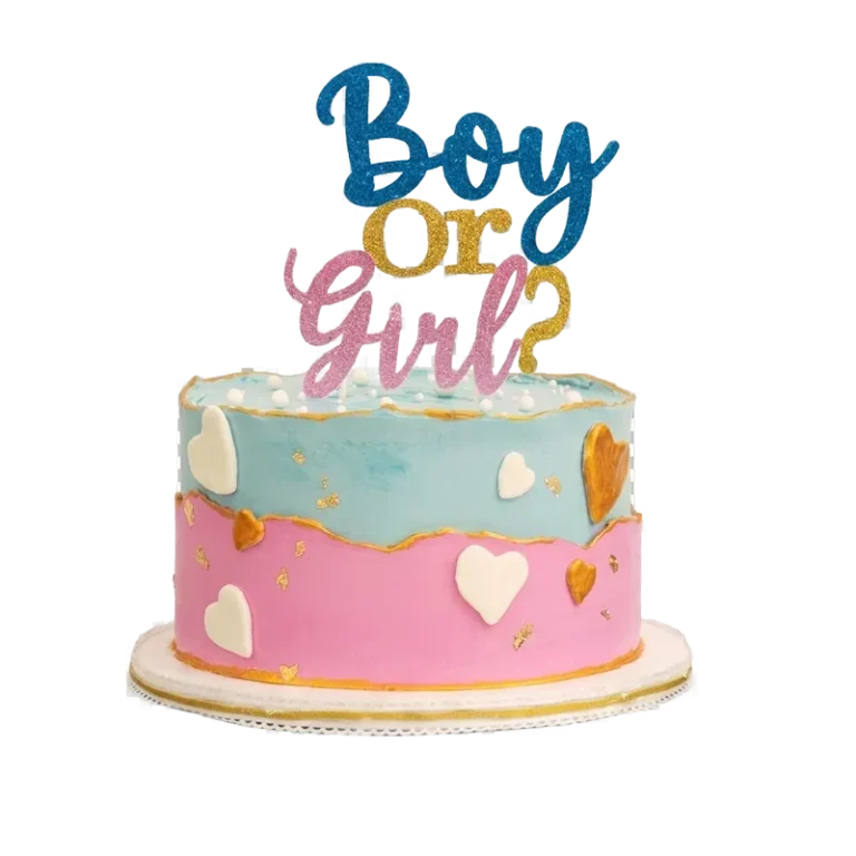 Two-tier gender reveal baby shower cake in blue and pink with hearts and Boy or Girl topper