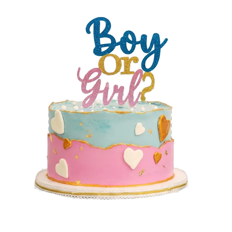 Two-tier gender reveal baby shower cake in blue and pink with hearts and Boy or Girl topper