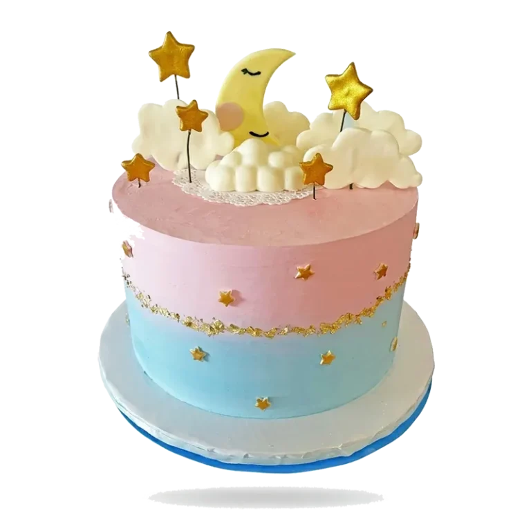 Two-tier baby shower cake in pink and blue with gold stars and moon cloud topper
