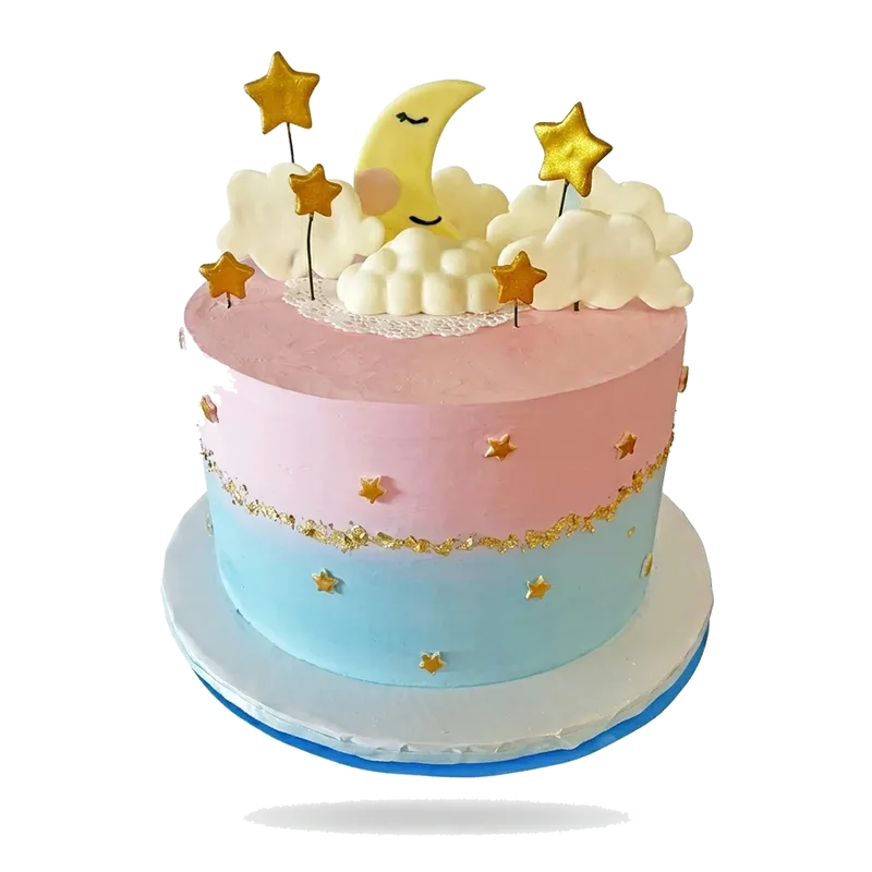Two-tier baby shower cake in pink and blue with gold stars and moon cloud topper