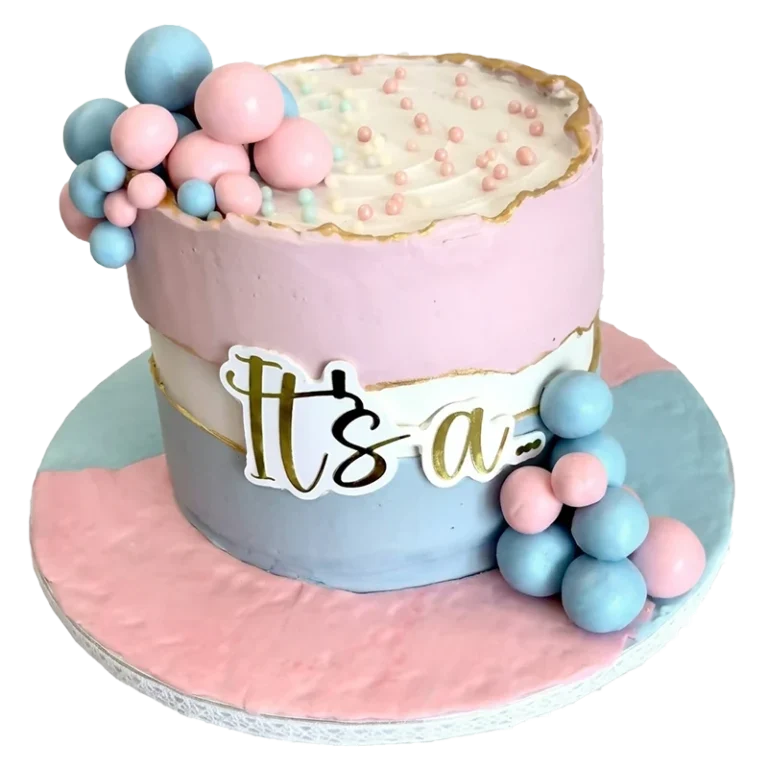 Gender reveal baby shower cake with pink and blue tiers, balloon clusters, and It's a inscription