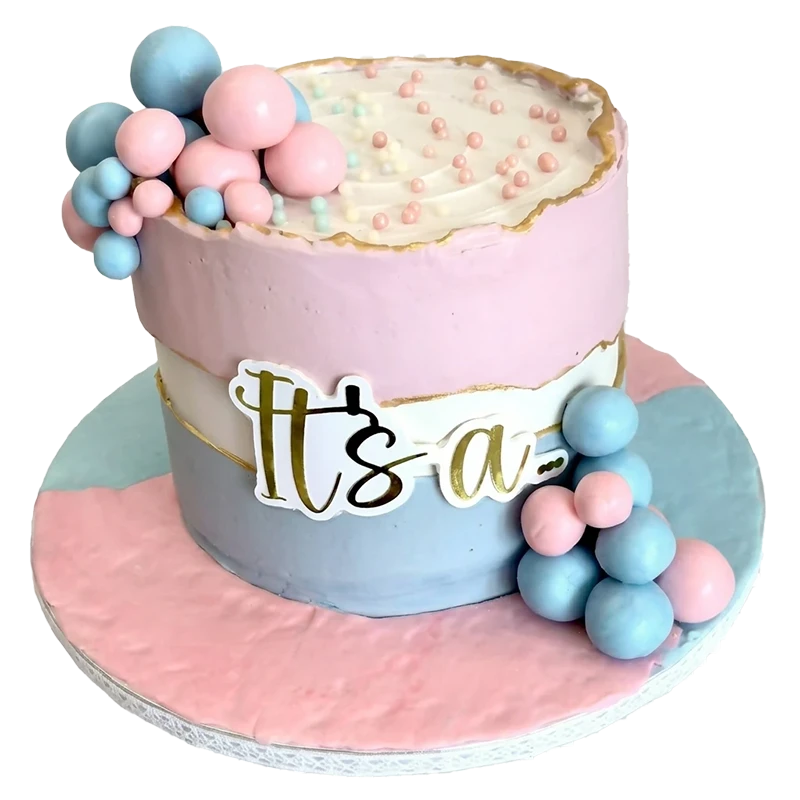 Gender reveal baby shower cake with pink and blue tiers, balloon clusters, and It's a inscription
