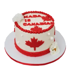 Maple Elegance Canadian citizenship cake with red maple leaf, name inscription, and white flowers