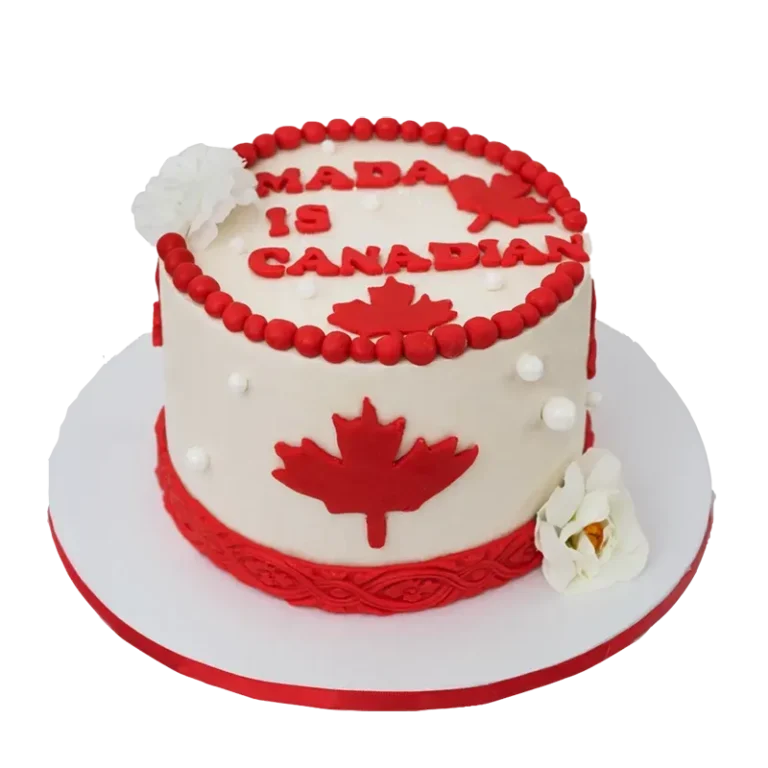 Maple Elegance Canadian citizenship cake with red maple leaf, name inscription, and white flowers