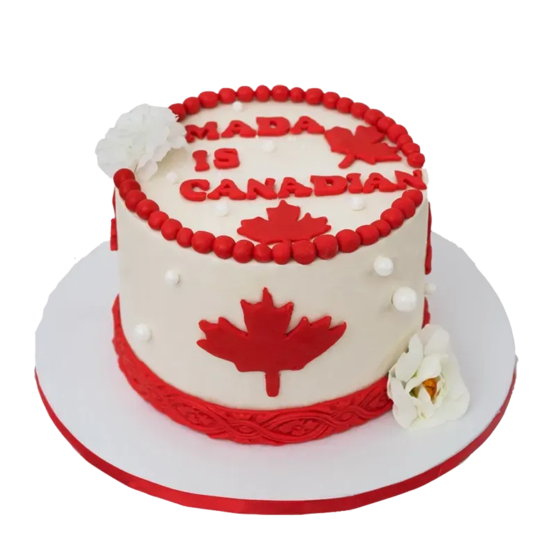 Maple Elegance Canadian citizenship cake with red maple leaf, name inscription, and white flowers